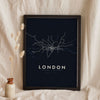 London Rail Lines Map Print - night style London rail lines map print, light lines on a dark ground