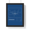 London Rail Lines Map Print - framed blueprint style London rail lines map print with grid and scale bar
