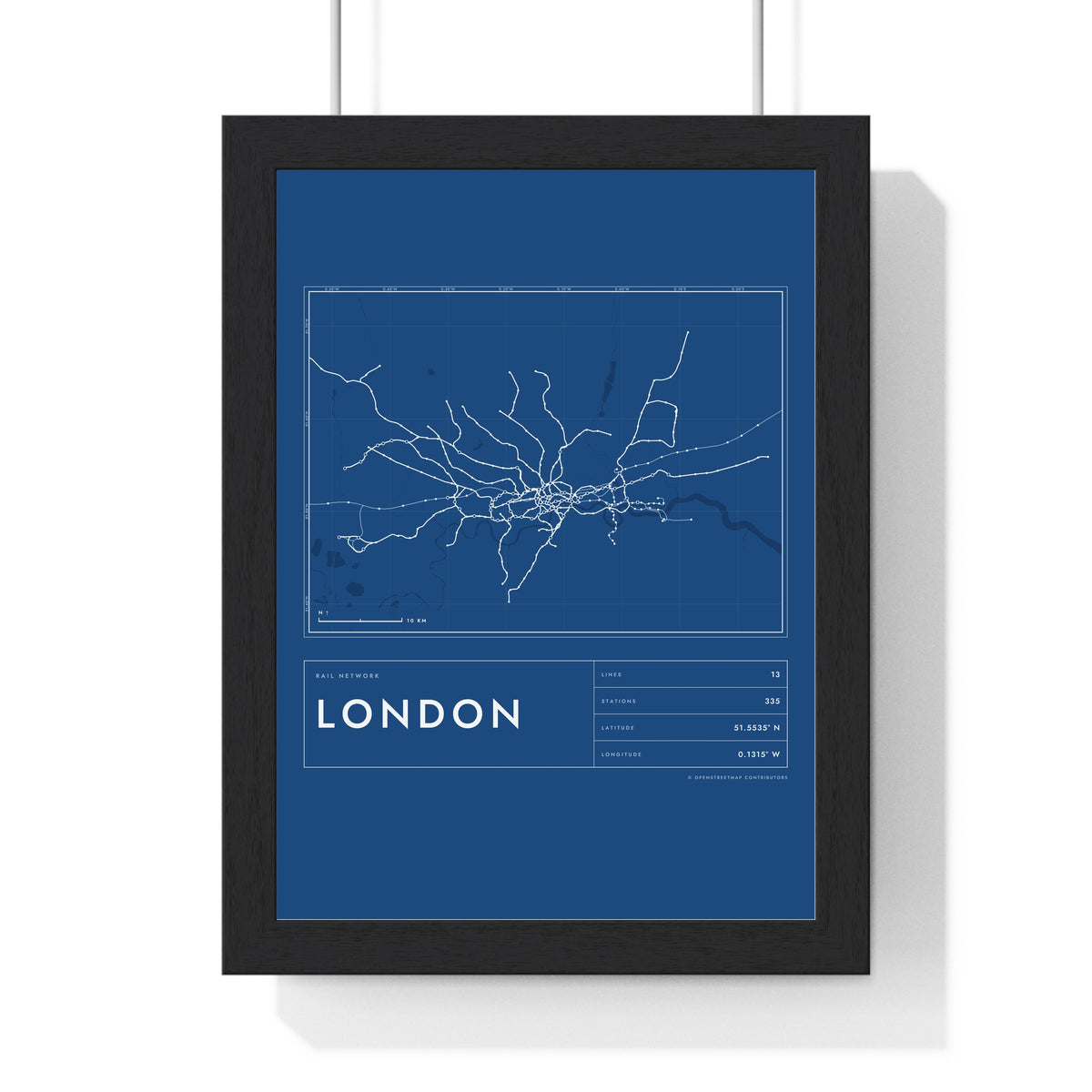 London Rail Lines Map Print - framed blueprint style London rail lines map print with grid and scale bar