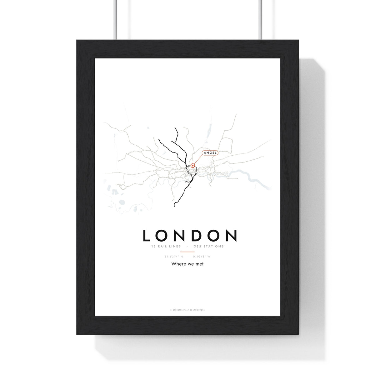 London Rail Lines Map Print - framed London rail lines map print with a highlighted station and caption