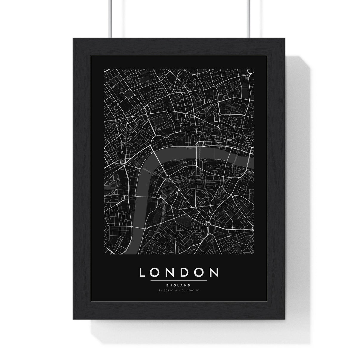 London street map poster in black, minimal city map print framed in a black frame