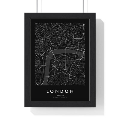 London street map poster in black, minimal city map print framed in a black frame