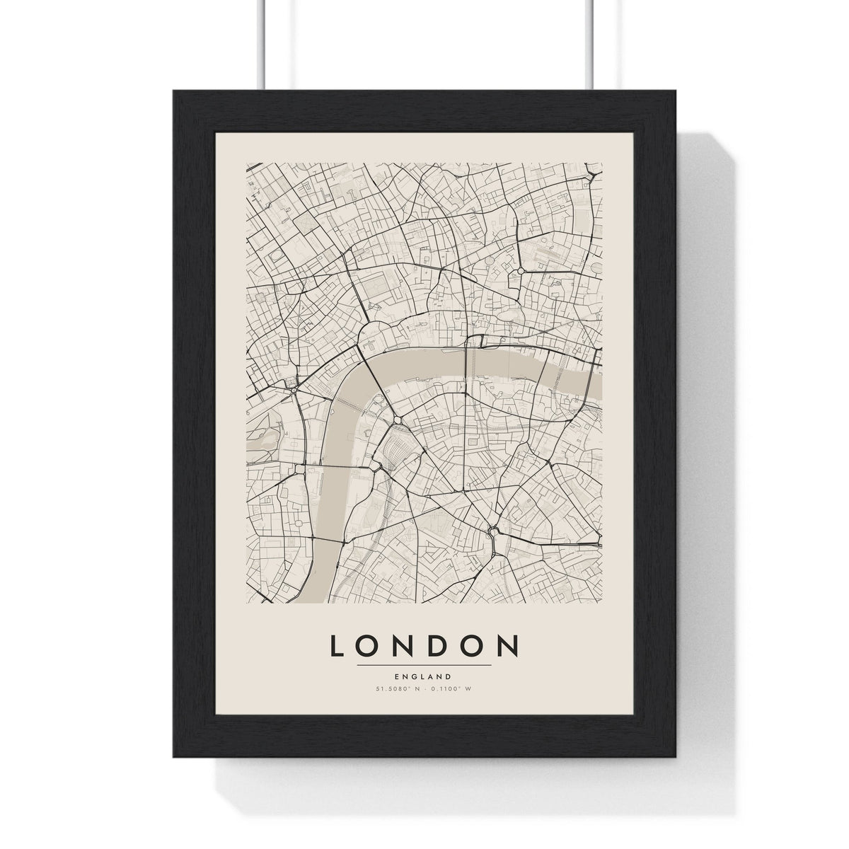 London street map poster in cream, minimal city map print framed in a black frame