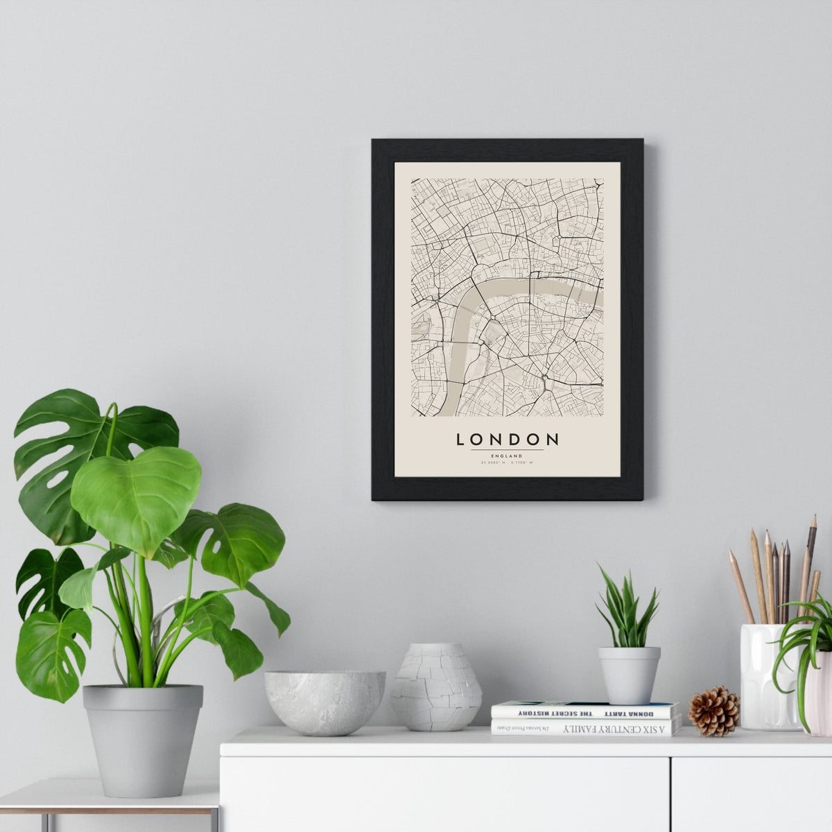 London street map poster in cream, minimal city map print framed on a living room wall