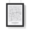 London street map poster in white, minimal city map print framed in a black frame