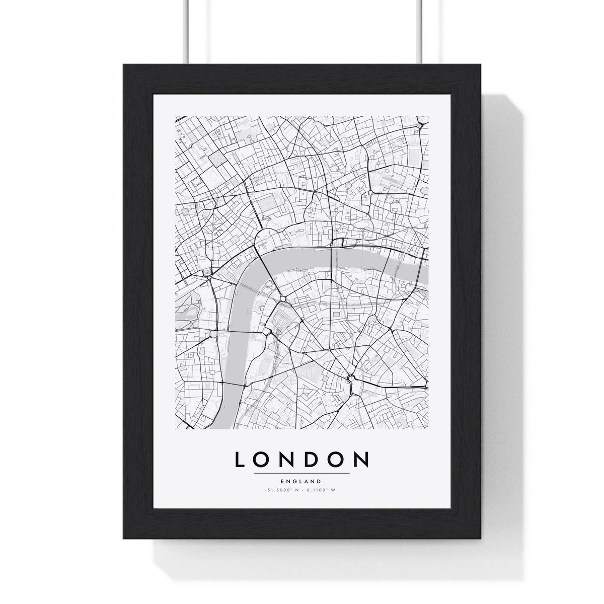 London street map poster in white, minimal city map print framed in a black frame