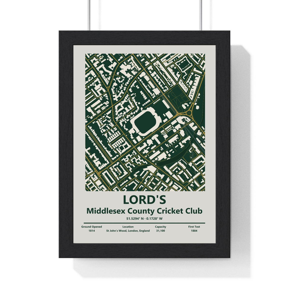 Lord's map print framed in a black frame, ready to hang