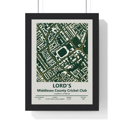Lord's map print framed in a black frame, ready to hang
