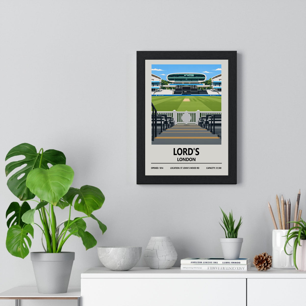 Lord's cricket ground print framed on a living room wall
