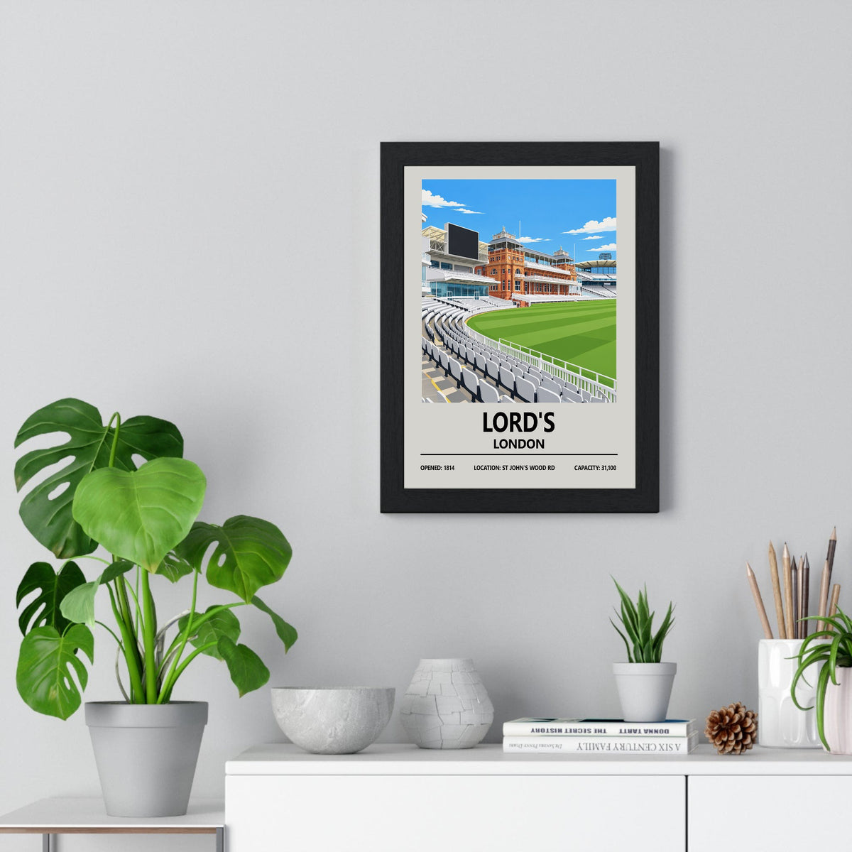 Lord's cricket ground print framed on a living room wall