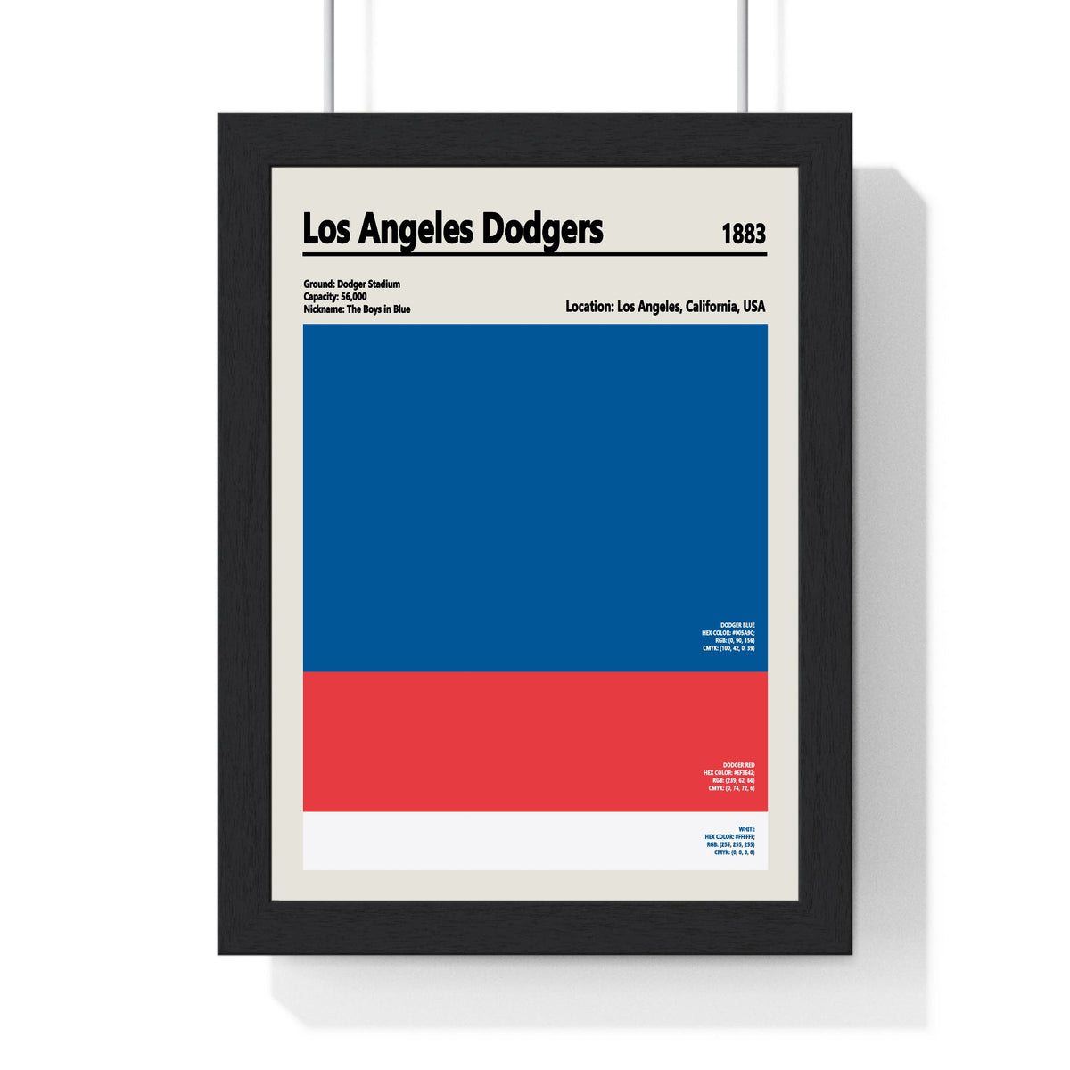 Los Angeles Dodgers colour swatch print framed in a black frame, ready to hang