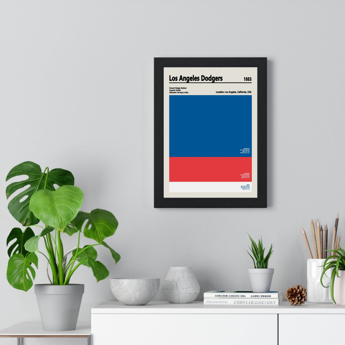 Los Angeles Dodgers colour swatch print framed on a living room wall