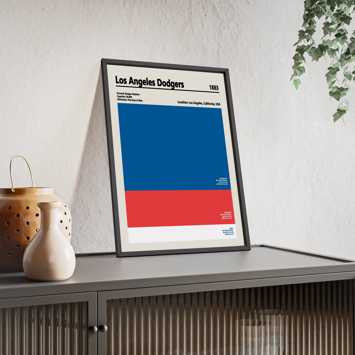 Los Angeles Dodgers colour swatch print framed and leaning on a sideboard