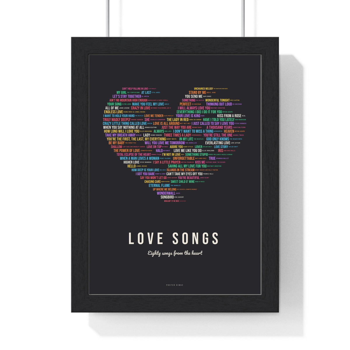 Love Songs Poster framed in a black frame, ready to hang