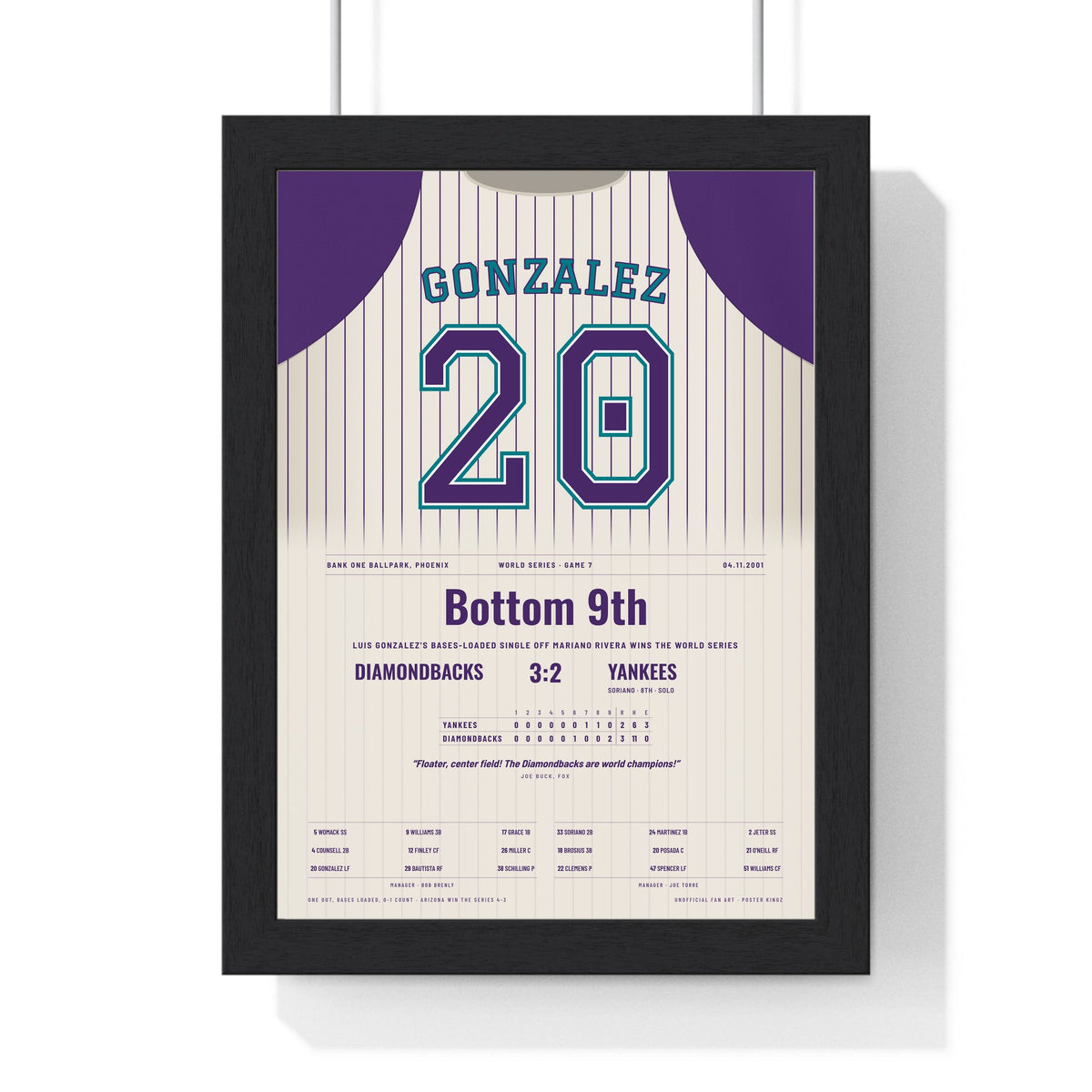 Luis Gonzalez 2001 World Series Game 7 Winning Hit Poster - Arizona Diamondbacks 20 Jersey Print framed in a black frame, ready to hang