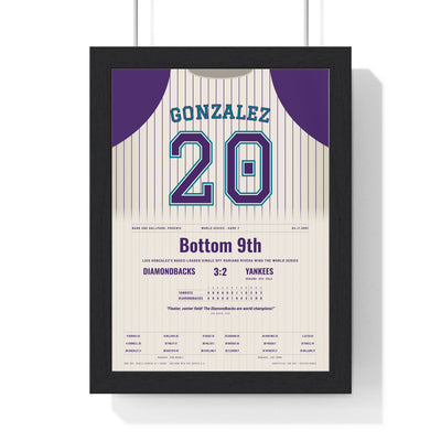 Luis Gonzalez 2001 World Series Game 7 Winning Hit Poster - Arizona Diamondbacks 20 Jersey Print framed in a black frame, ready to hang