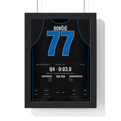 Luka Dončić 2024 West Finals Game 2 Poster - Dallas Mavericks 77 Game-Winner Jersey Print framed in a black frame, ready to hang