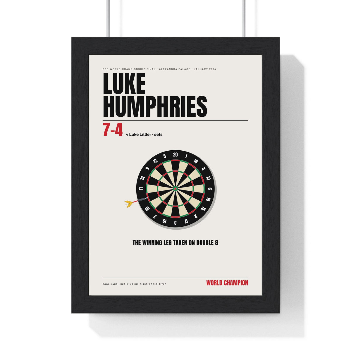 Luke Humphries World Darts Champion 2024 print framed in a black frame, ready to hang