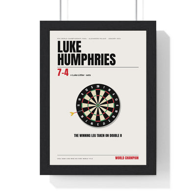 Luke Humphries World Darts Champion 2024 print framed in a black frame, ready to hang