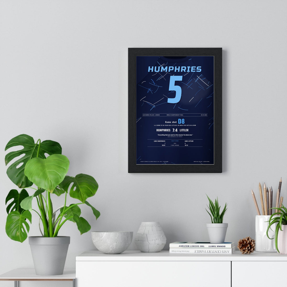 Luke Humphries World Darts Final 2024 Darts Poster - 7-4 v Luke Littler Shirt Print framed on a living room wall