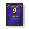 Luke Littler Premier League Final 2024 Darts Poster - Nine-Darter v Humphries Shirt Print framed in a black frame, ready to hang