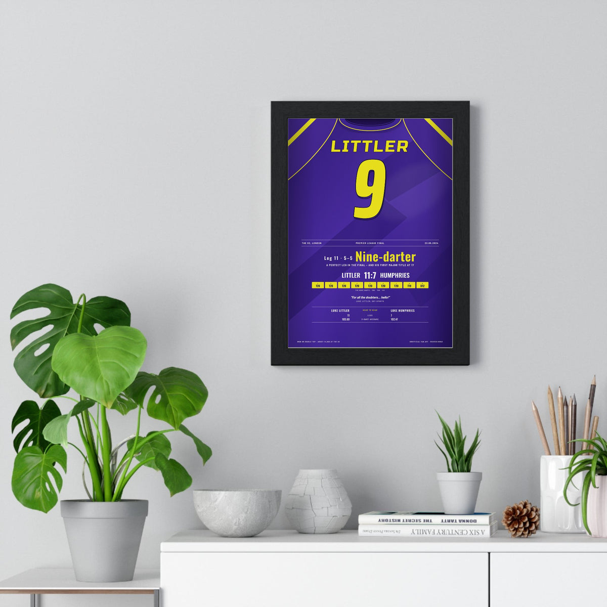Luke Littler Premier League Final 2024 Darts Poster - Nine-Darter v Humphries Shirt Print framed on a living room wall