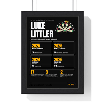 Luke Littler print framed in a black frame, ready to hang