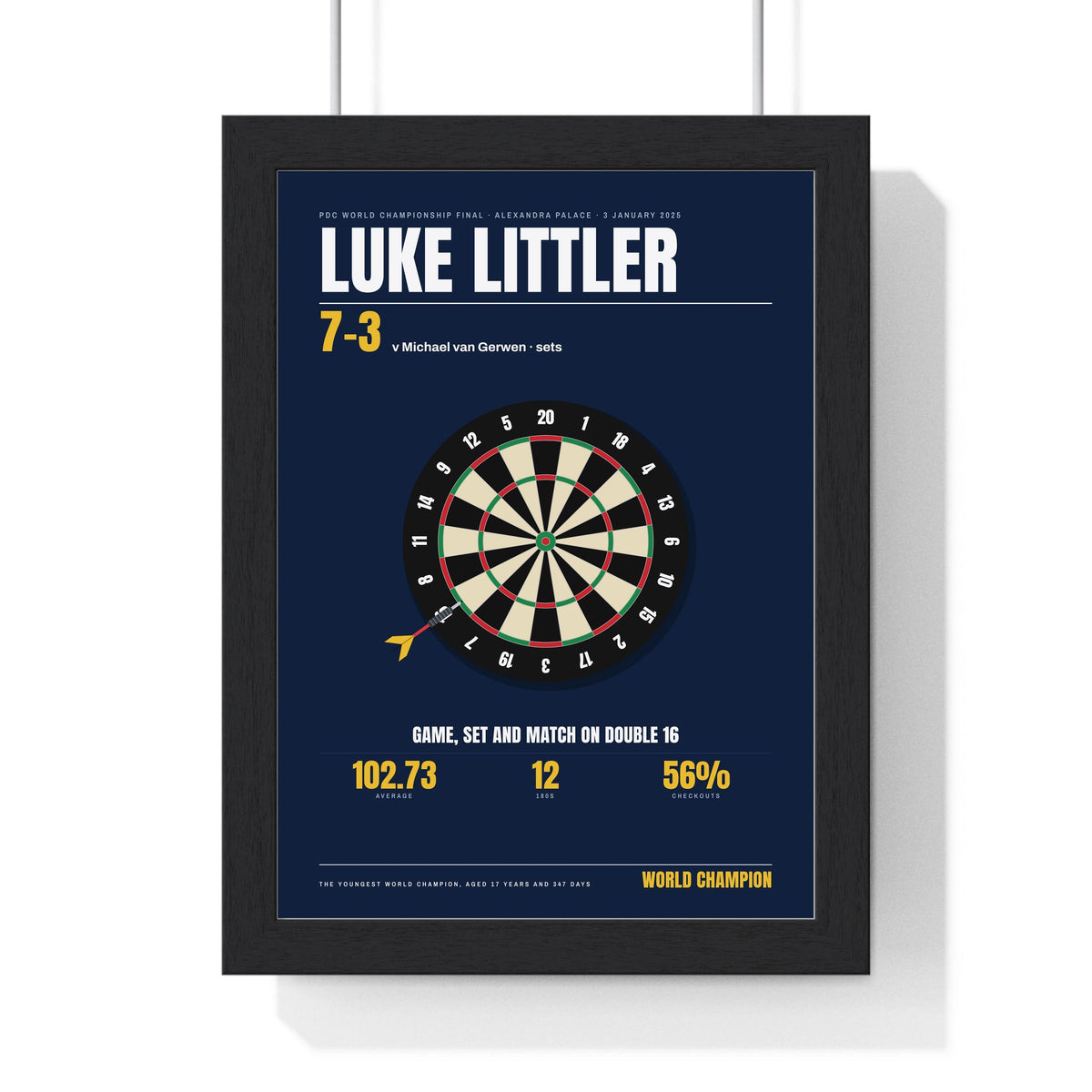 Luke Littler World Darts Champion 2025 print framed in a black frame, ready to hang