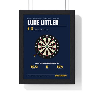 Luke Littler World Darts Champion 2025 print framed in a black frame, ready to hang