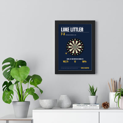 Luke Littler World Darts Champion 2025 print framed on a living room wall