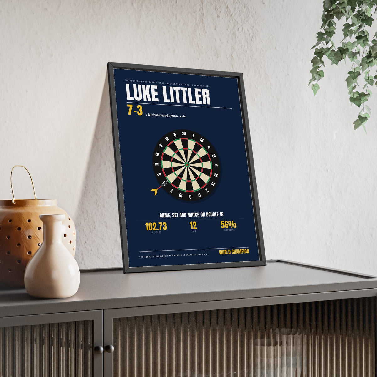 Luke Littler World Darts Champion 2025 print framed and leaning on a sideboard
