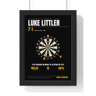 Luke Littler World Darts Champion 2026 print framed in a black frame, ready to hang