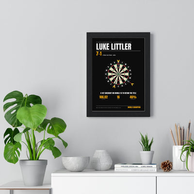 Luke Littler World Darts Champion 2026 print framed on a living room wall