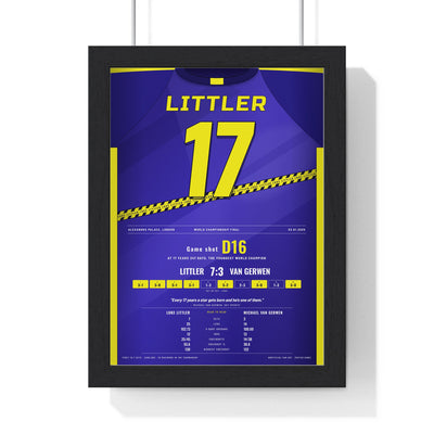 Luke Littler World Darts Final 2025 Darts Poster - Youngest World Champion Shirt Print framed in a black frame, ready to hang