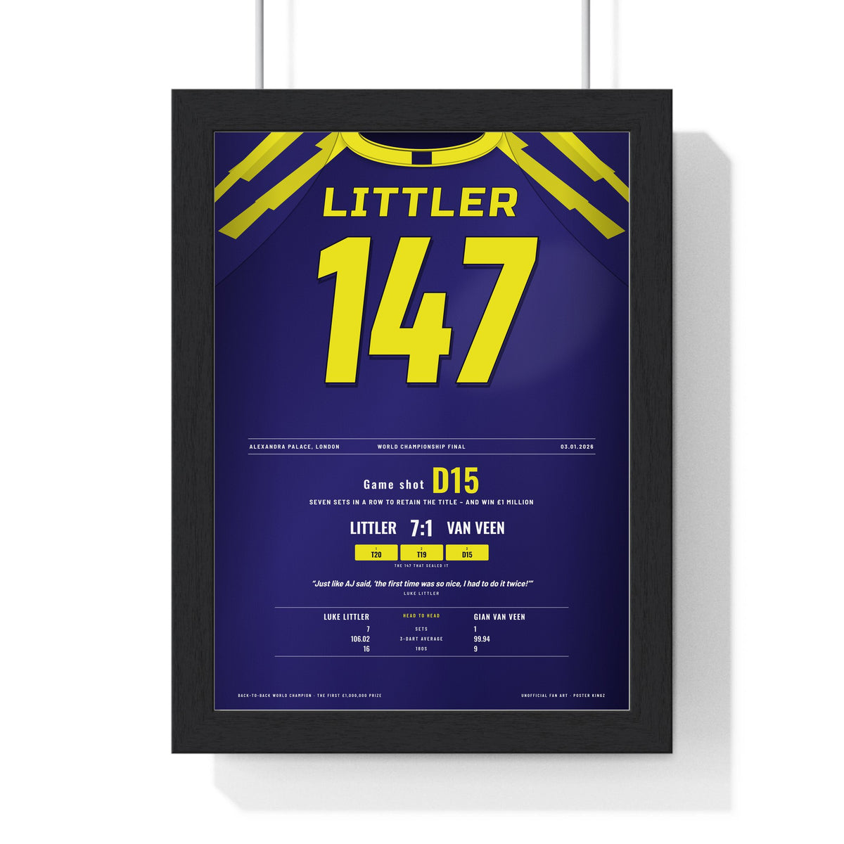Luke Littler World Darts Final 2026 Darts Poster - 147 Finish v Van Veen Shirt Print framed in a black frame, ready to hang