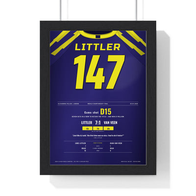 Luke Littler World Darts Final 2026 Darts Poster - 147 Finish v Van Veen Shirt Print framed in a black frame, ready to hang