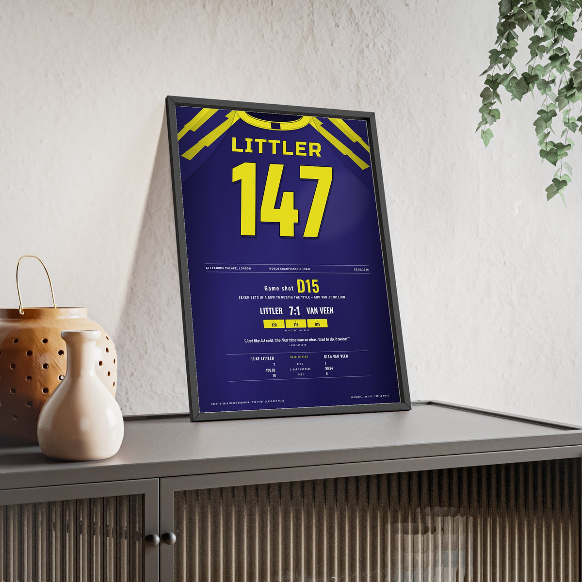 Luke Littler World Darts Final 2026 Darts Poster - 147 Finish v Van Veen Shirt Print framed and leaning on a sideboard
