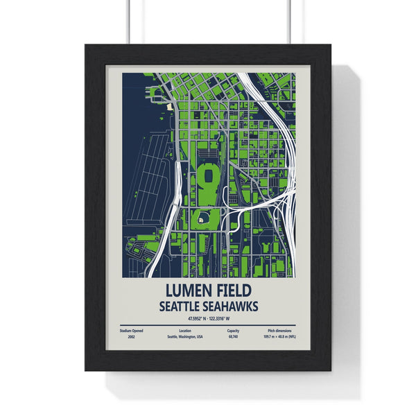 Lumen Field Seattle Seahawks stadium map poster framed in black frame