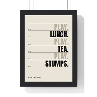 Lunch Tea Stumps Cricket print framed in a black frame, ready to hang