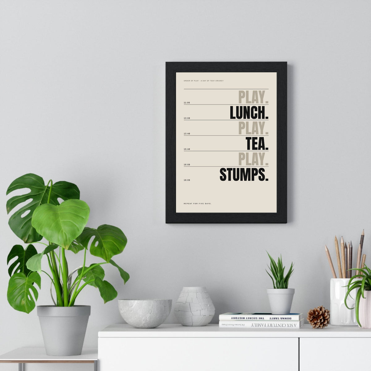 Lunch Tea Stumps Cricket print framed on a living room wall