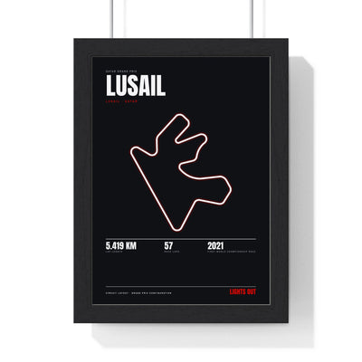 Lusail Circuit print framed in a black frame, ready to hang