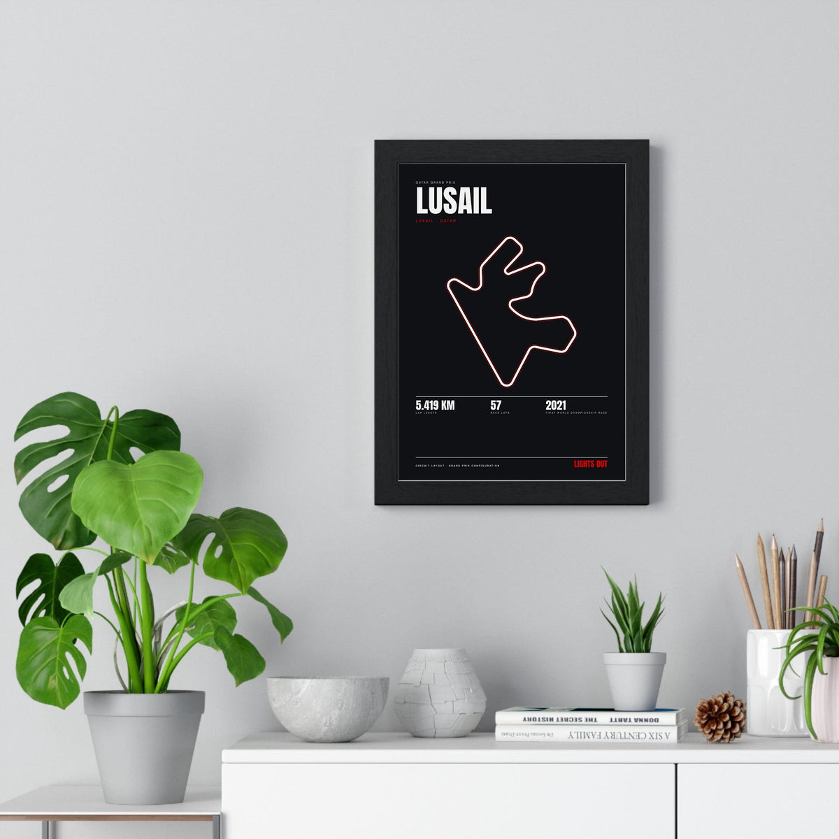 Lusail Circuit print framed on a living room wall