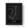 Lyon street map poster in black, minimal city map print framed in a black frame