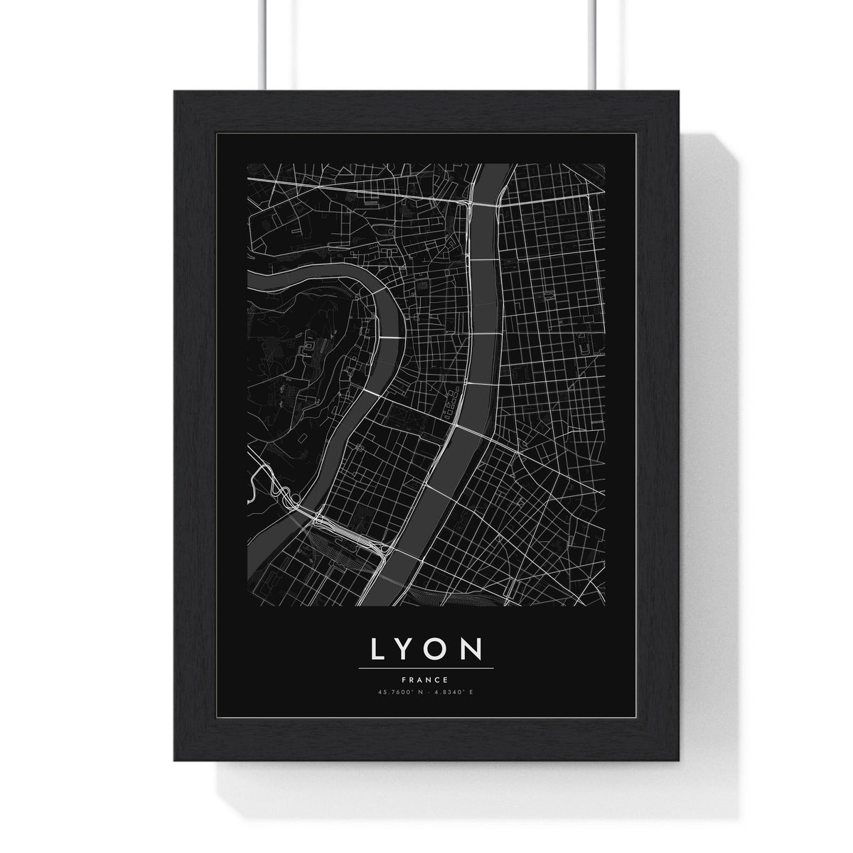 Lyon street map poster in black, minimal city map print framed in a black frame