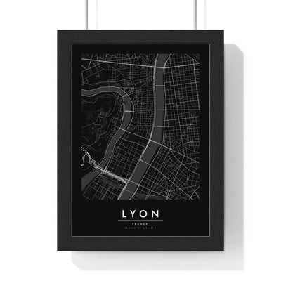 Lyon street map poster in black, minimal city map print framed in a black frame