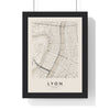 Lyon street map poster in cream, minimal city map print framed in a black frame