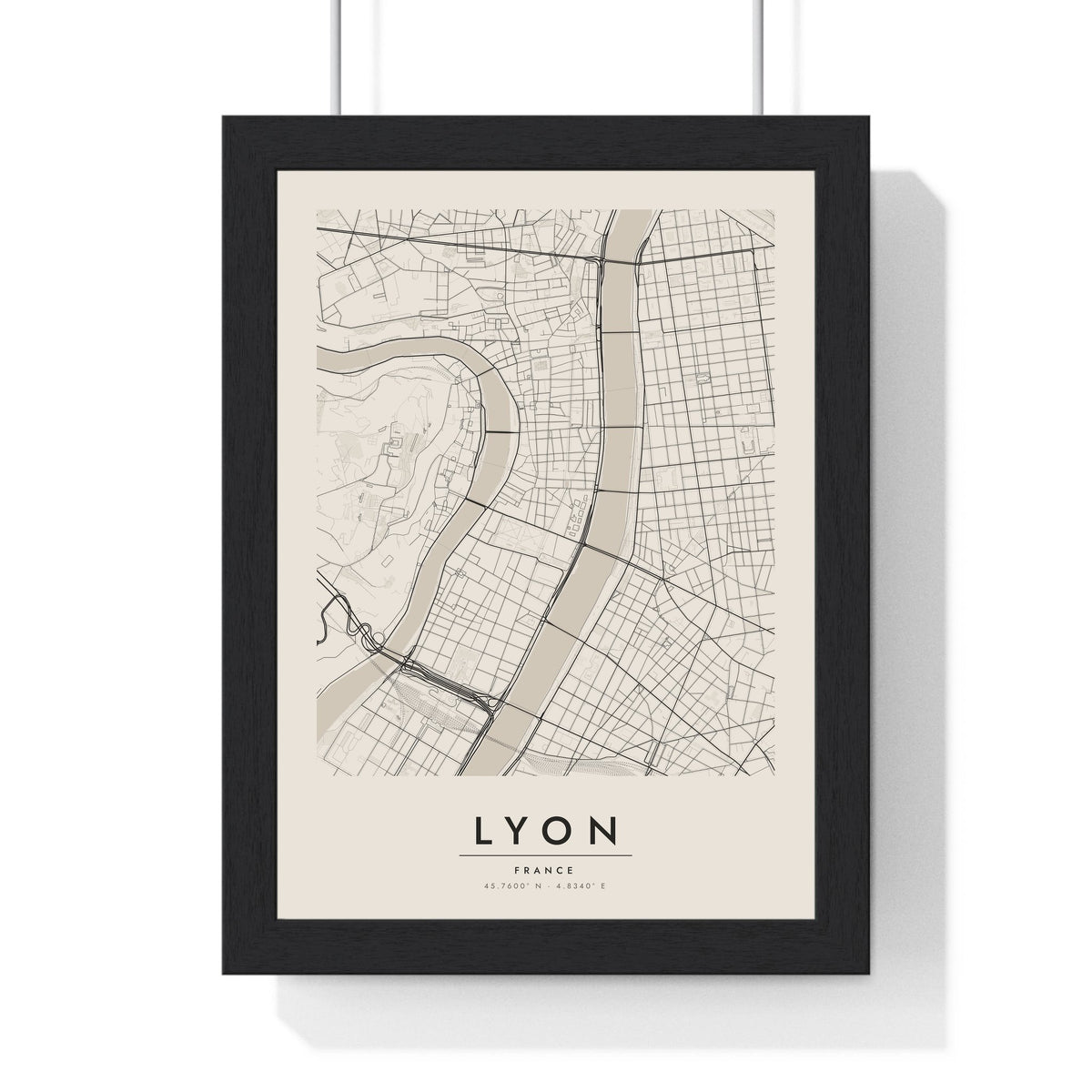 Lyon street map poster in cream, minimal city map print framed in a black frame