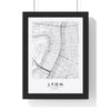 Lyon street map poster in white, minimal city map print framed in a black frame
