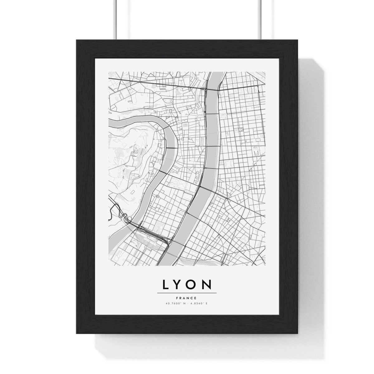 Lyon street map poster in white, minimal city map print framed in a black frame