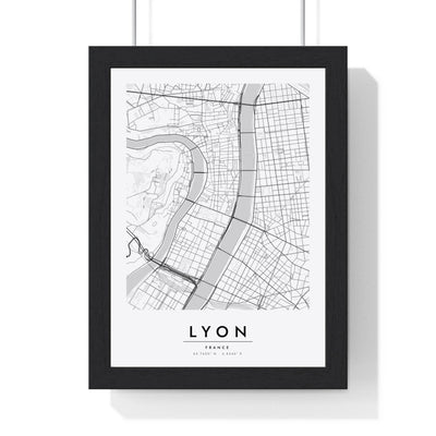 Lyon street map poster in white, minimal city map print framed in a black frame